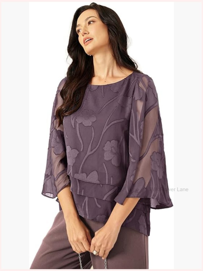 Chiffon Lace Blouse Flutter 3/4 Sleeve Round Neck Floral Business Work Top